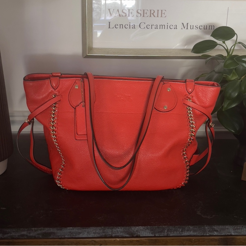 Vintage Coach Tatum Whiplash Large Leather Tote Bag Coral Poppy Orange Purse